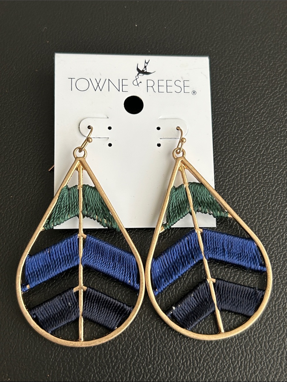 Towne & Reese Gold Teardrop Earrings with Blue and Green Thread